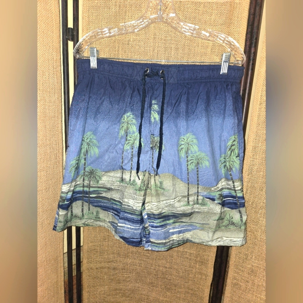 Men's Catalina Island Wear Blue Palm Tree Print Swim Trunk Shorts Size Small